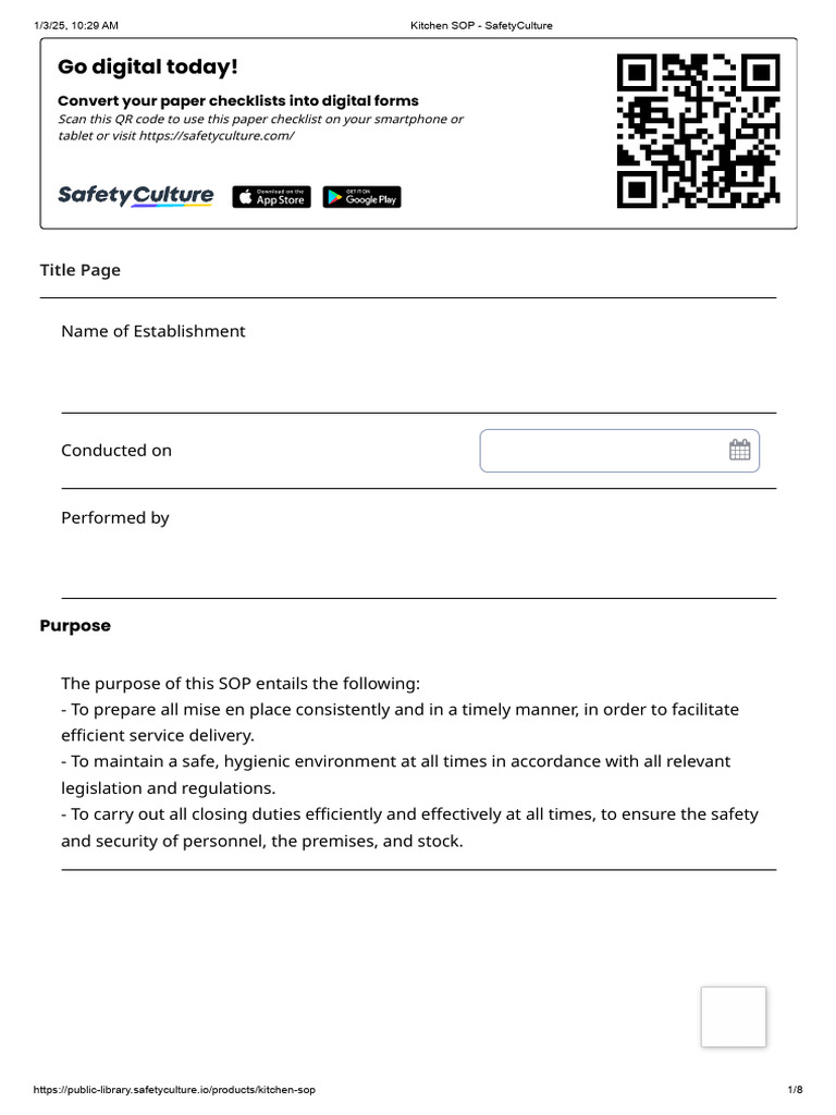 Kitchen SOP - SafetyCulture | PDF | Kitchen | Refrigerator