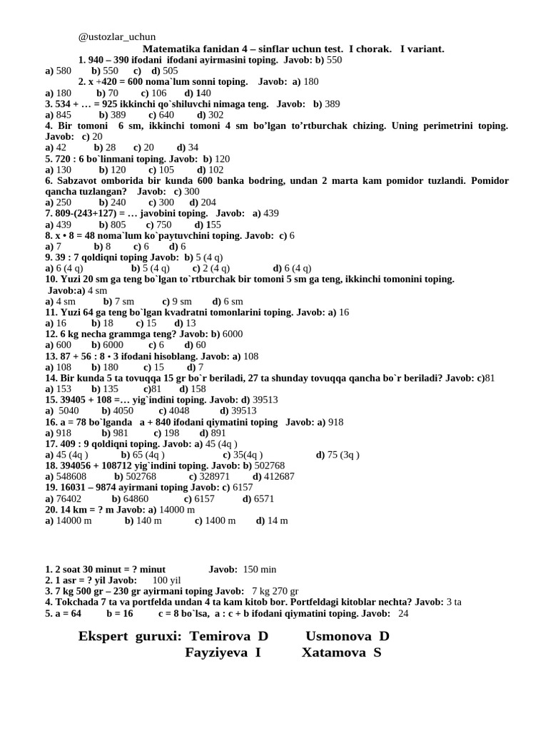 4-sinf Matematika Testlari I Chorak | PDF