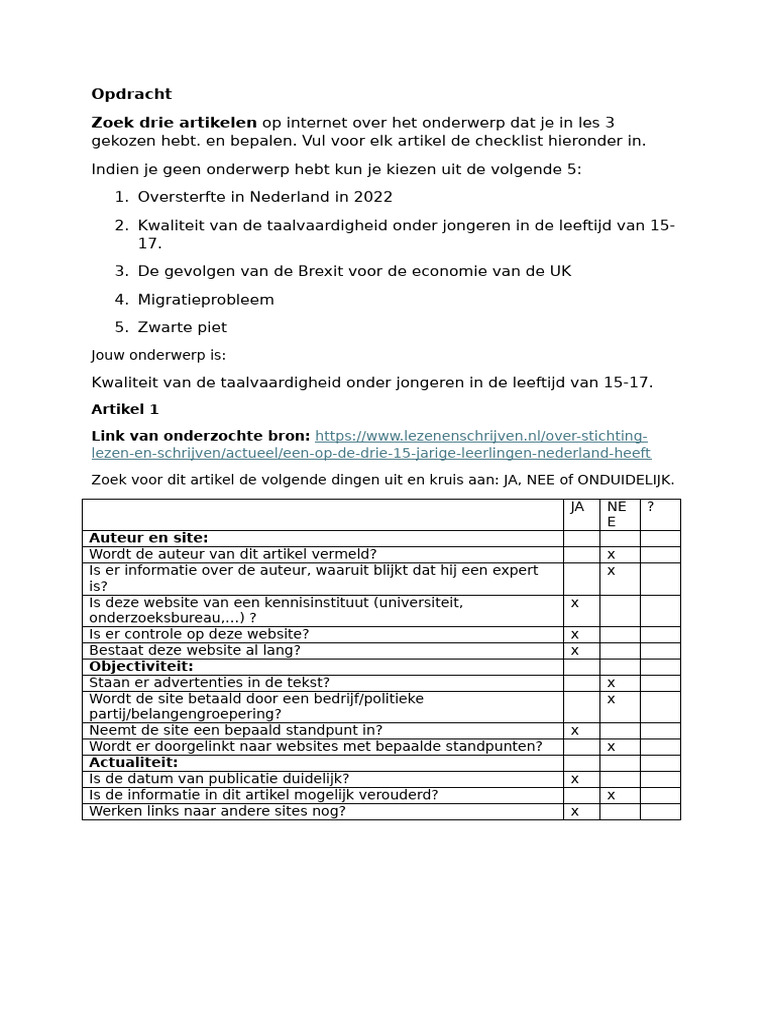 Les 08 Valide Bronnen Invulopdracht | PDF