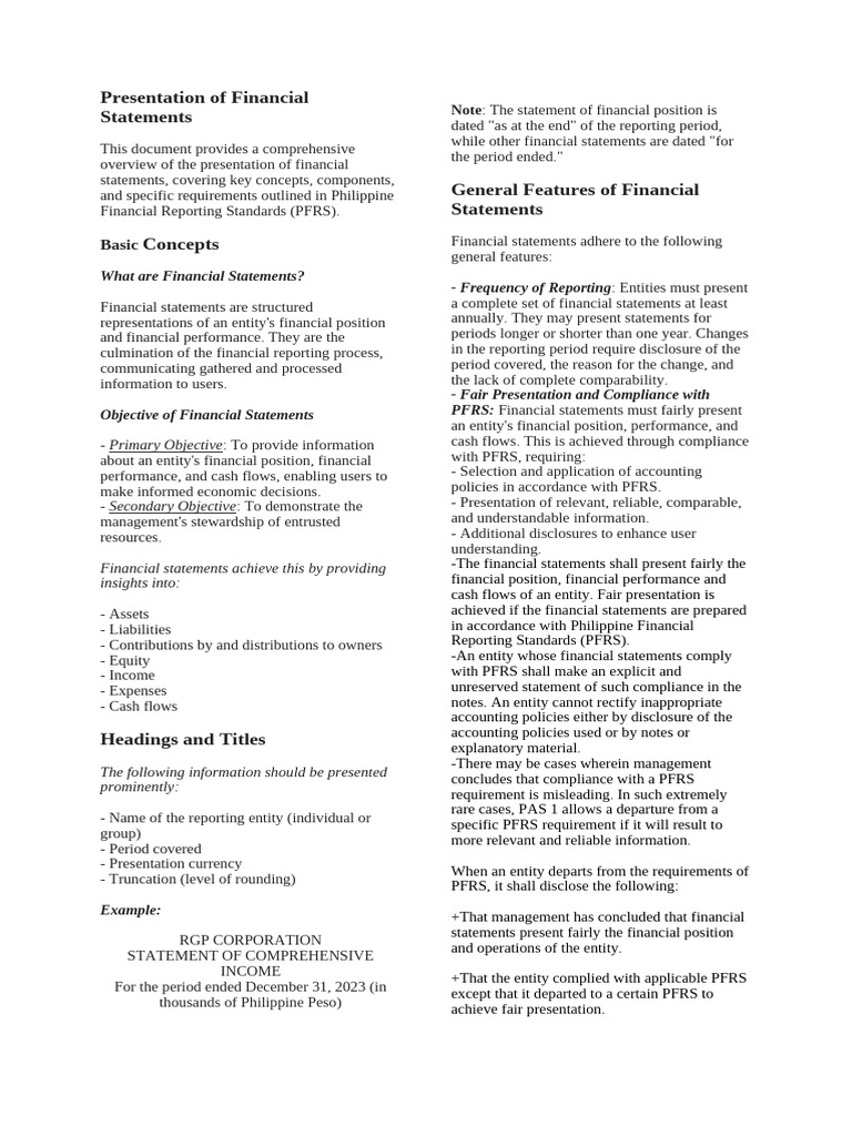Overview of Financial Statements PFRS | PDF | Balance Sheet | Financial ...
