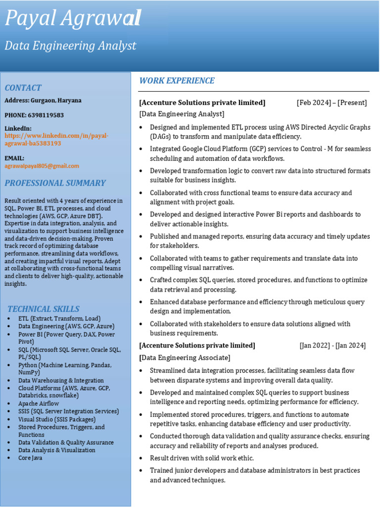 Data Engineering Analyst Resume | PDF | Sql | Databases