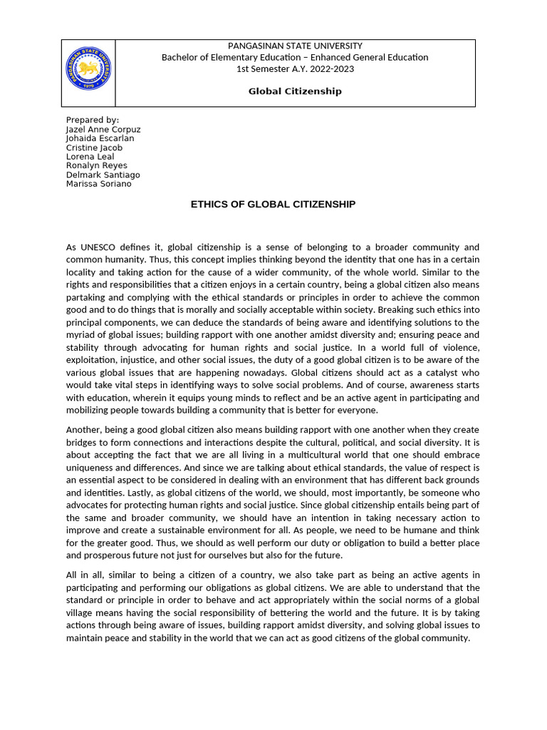 Global Citizenship Report Pdf Citizenship Social Justice