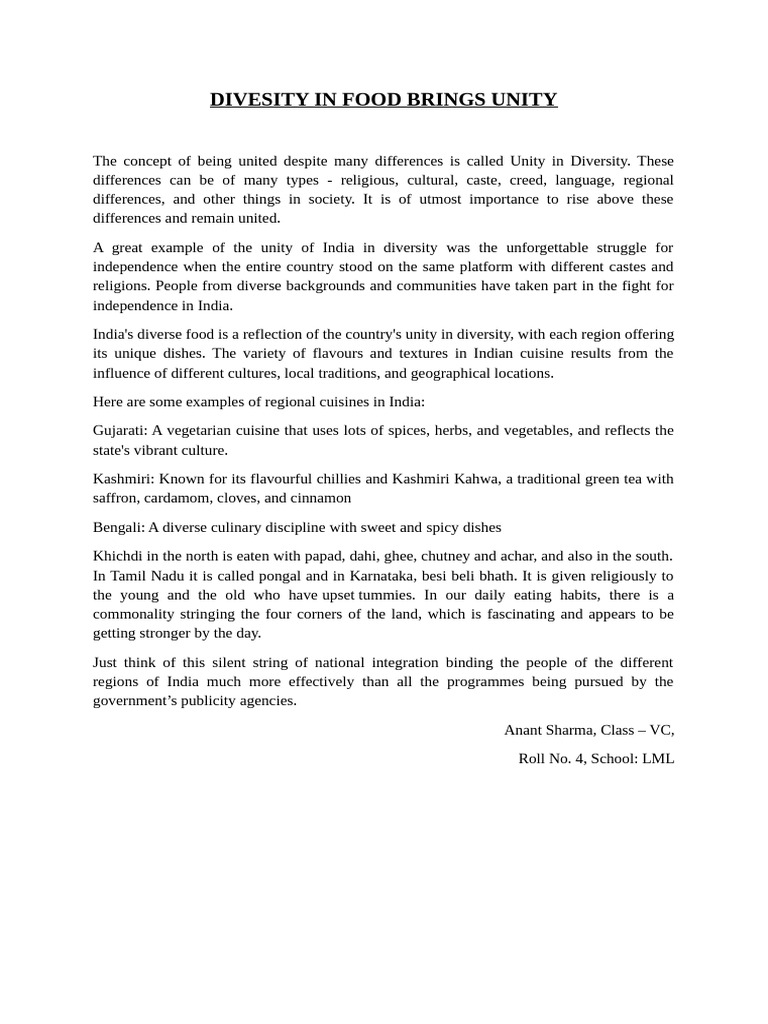 Food as a Symbol of India's Unity in Diversity | PDF