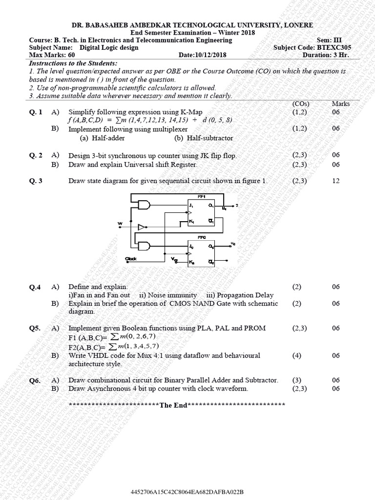 Digital Logic Design Exam Paper 2018 | PDF | Electronic Design ...