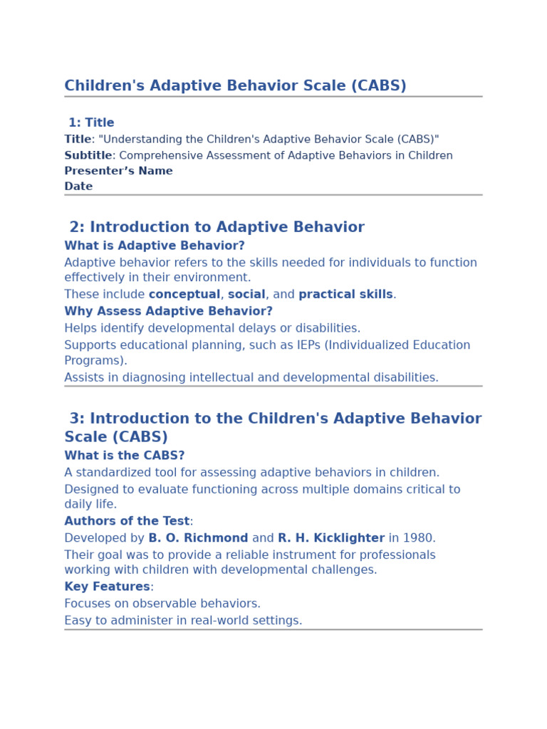 Children's Adaptive Behavior Scale Overview | PDF | Validity ...