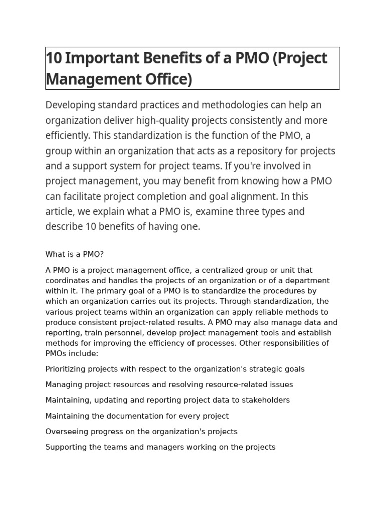 10 Important Benefits of A PMO (Project Management Office) | PDF ...