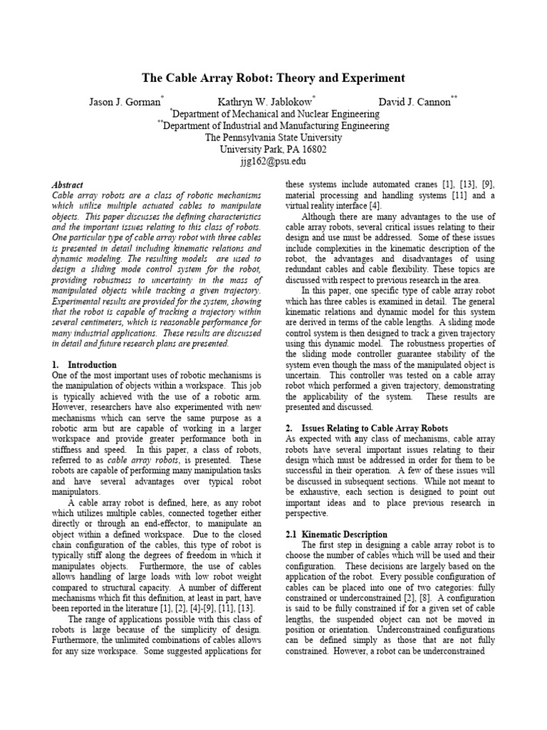 Cable Array Robot Control and Design | PDF | Kinematics | Robotics