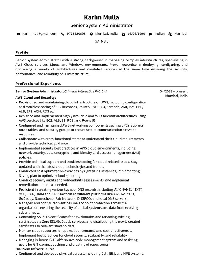 Senior System Administrator Profile | PDF | Cloud Computing | Backup