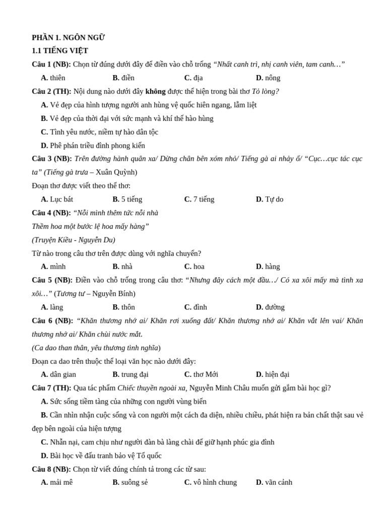 Phần 1. Ngôn Ngữ 1.1 Tiếng Việt Câu 1 (NB) : A. B. C. D. Câu 2 (TH ...