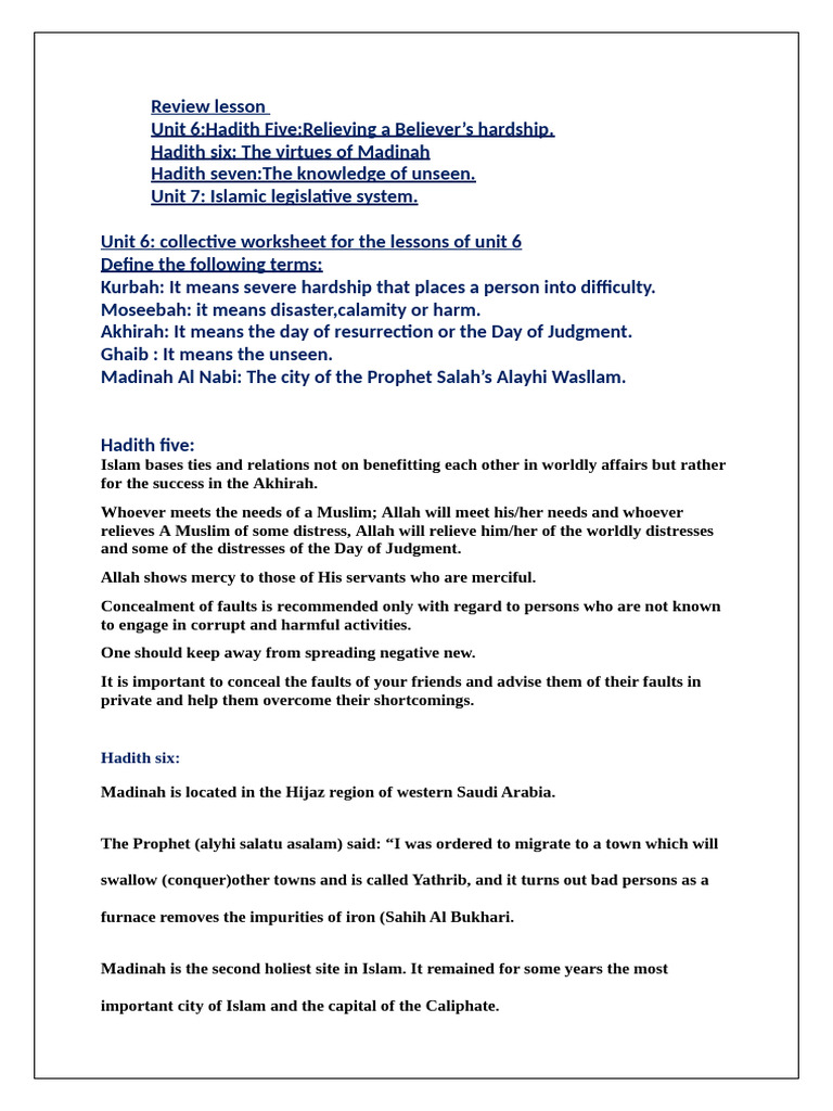 Unit 6 (5,6,7) and 7 (1,2) Collective Worksheet | PDF | Medina | God In ...