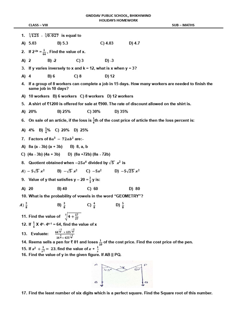Winter Break HHW Class 8 2024 | PDF | Area | Interest
