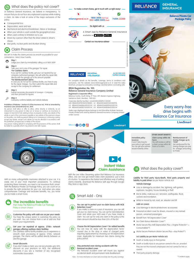 Reliance Private Car Package Policy-2 | PDF | Insurance | Vehicle Insurance