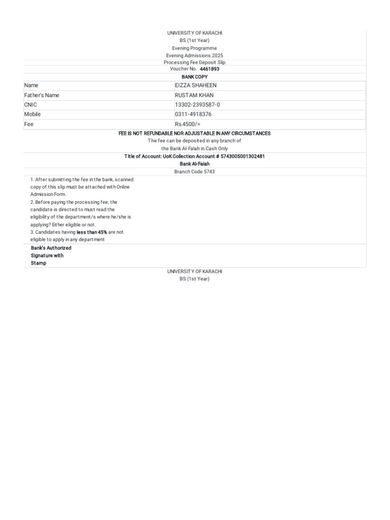 Admission Processing Fee 2025 | PDF | Payments | Services (Economics)