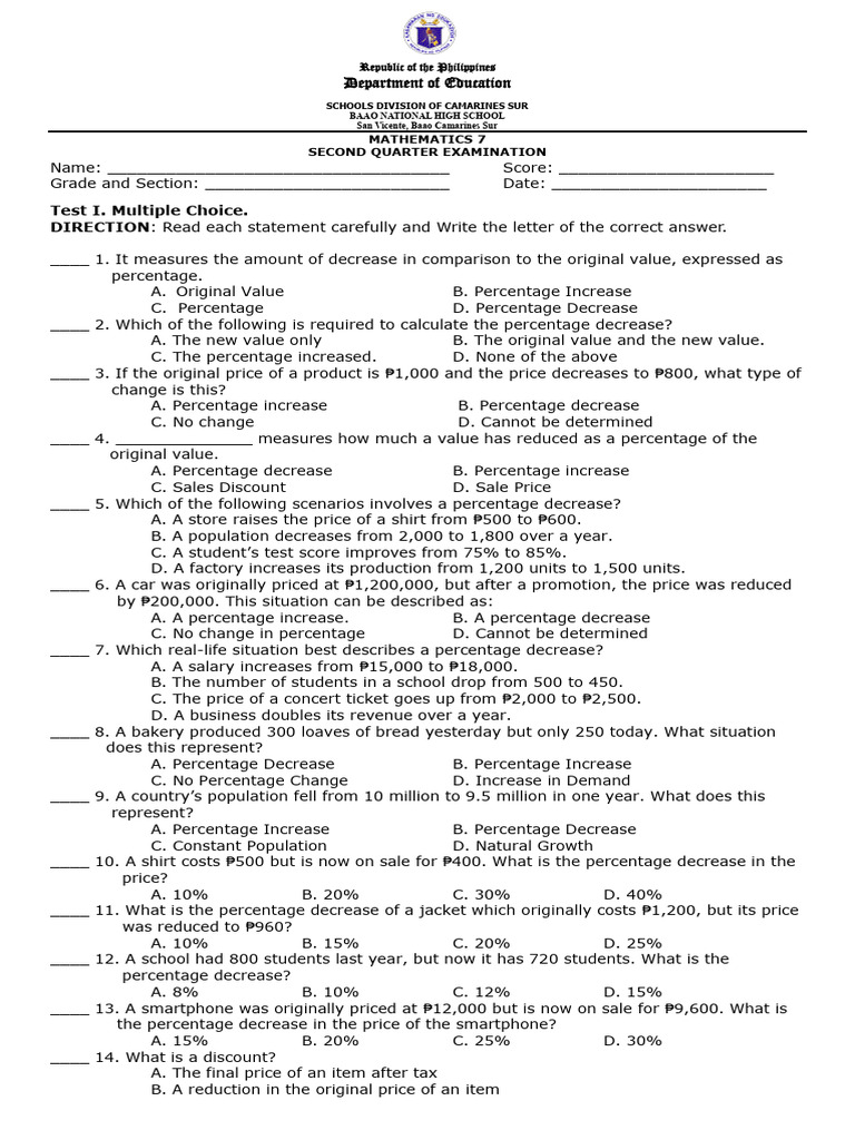 TQ 2nd Quarter Math 7 | PDF | Sales | Prices
