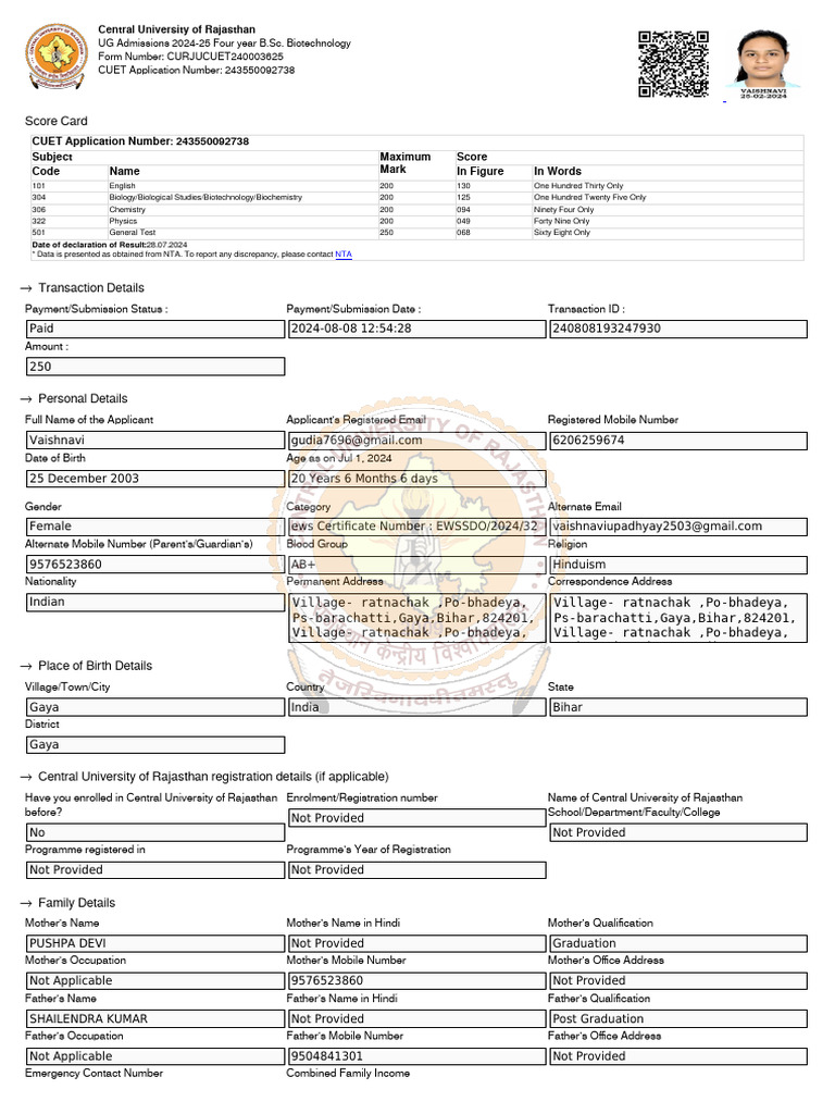 CURAJ B.Sc. Biotechnology Admission 2024 | PDF