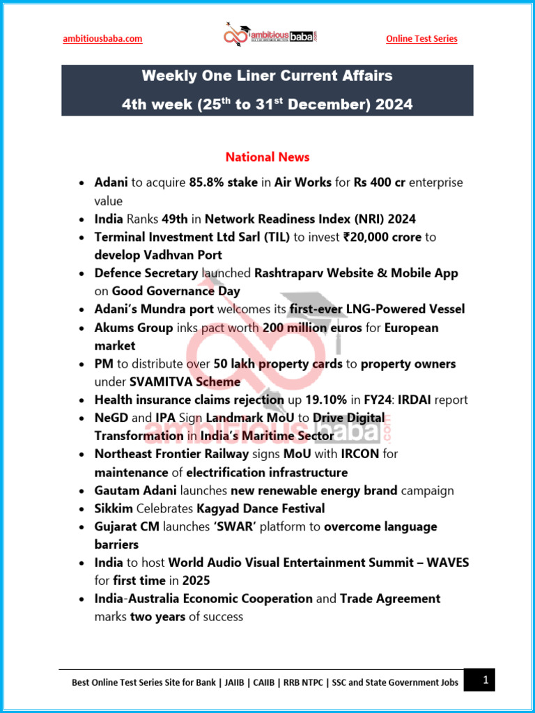 One Liner 4th Week 25th Dec 31st Dec Ambitious - Baba 3 | PDF