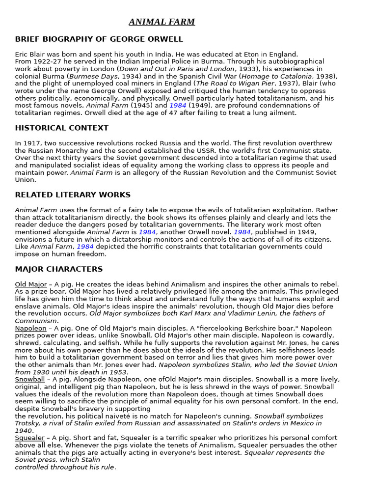 George Orwell's Animal Farm Analysis | PDF | George Orwell ...