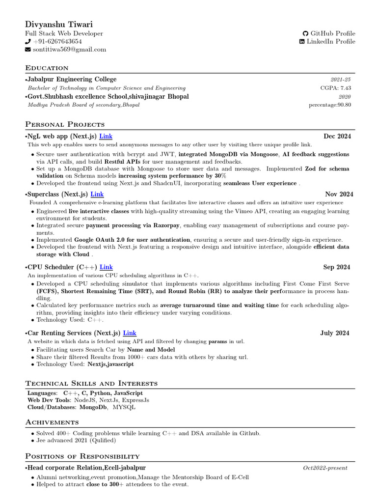 Divyanshu Tiwari: Full Stack Developer | PDF | Scheduling (Computing) | C++