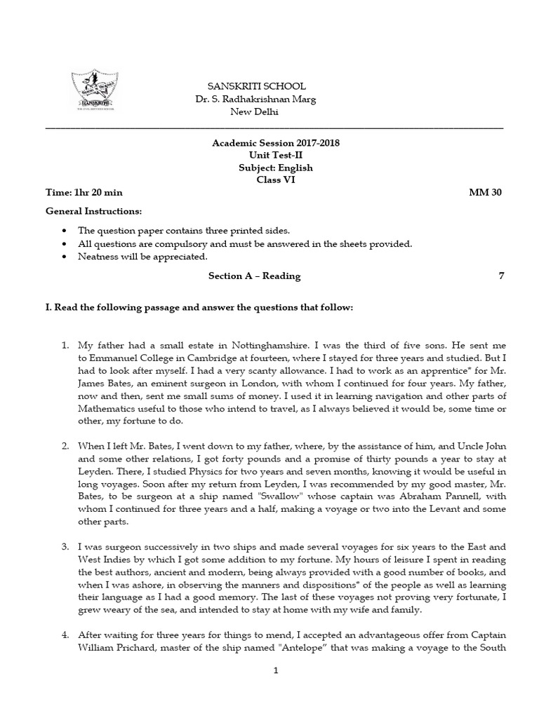 Class VI English Unit Test Paper | PDF