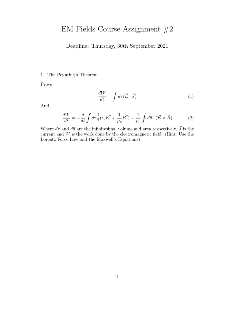 EM Fields Assignment: Poynting's Theorem & Forces | PDF