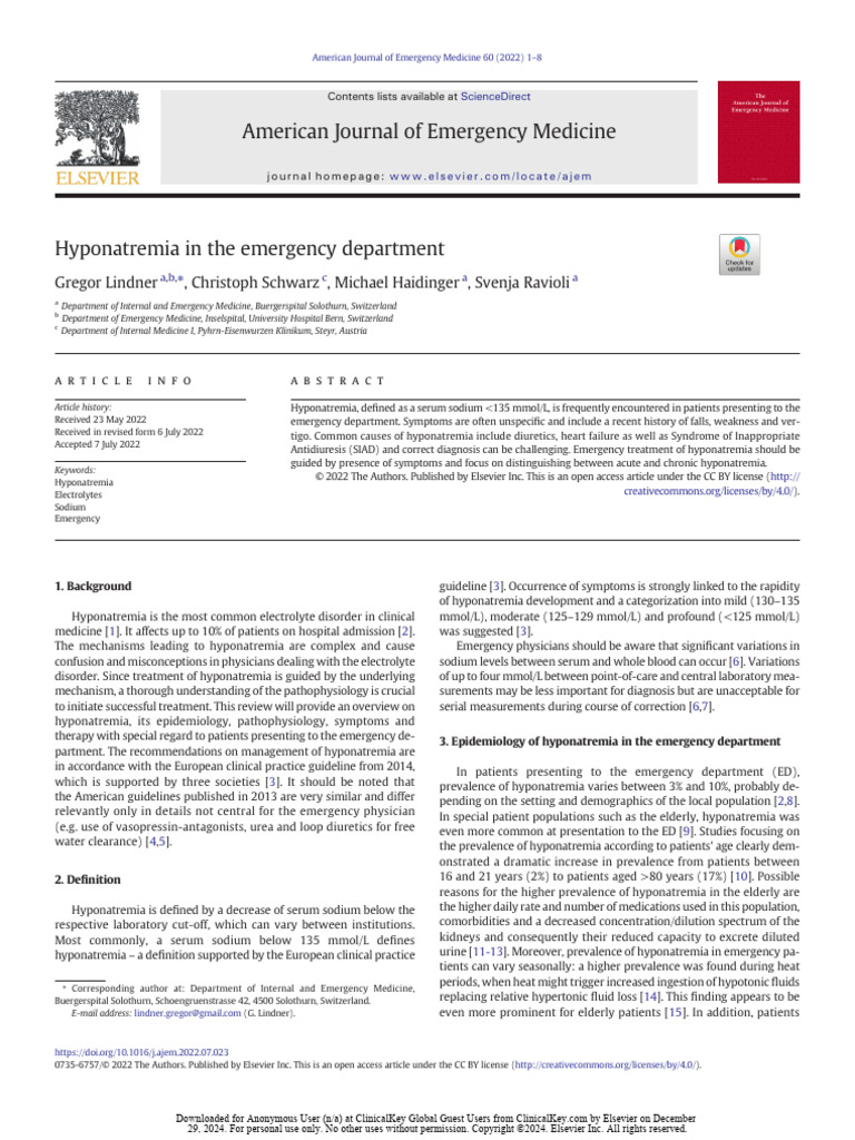 Hyponatremia in The Emergency Department | PDF | Clinical Medicine ...