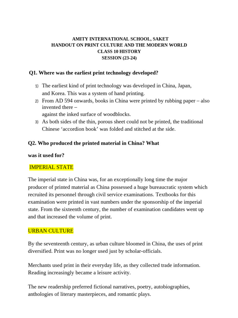 Print culture class 10 handout pdf books printing press