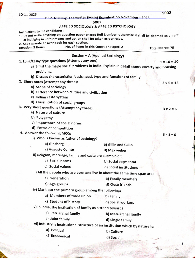 Applied Sociology & Applied Psychology BSC Nursing 1st Sem Paper | PDF
