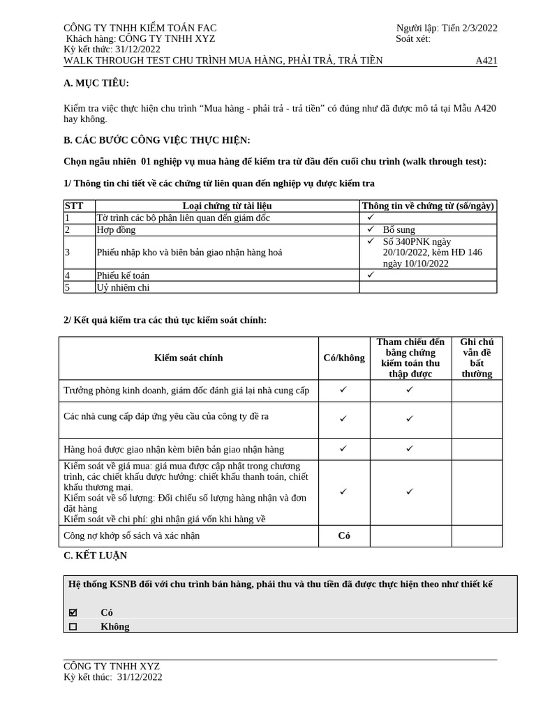 A421 WALK THROUGH TEST CHU TRÌNH MUA HÀNG, PHẢI TRẢ, TRẢ TIỀN | PDF