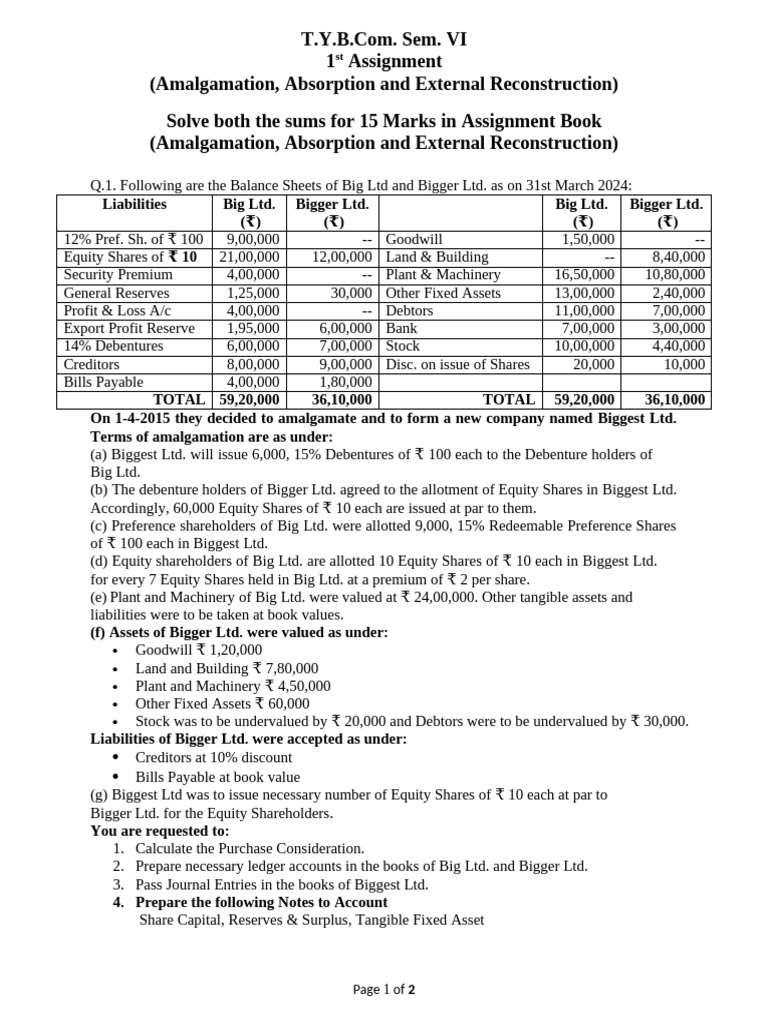 Amalgamation and Purchase Consideration Analysis | PDF | Debits And ...