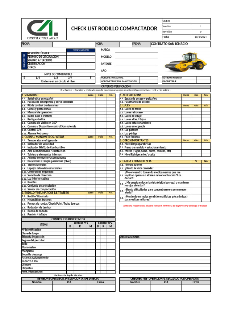 Checklist de Seguridad para Rodillo Compactador | PDF | Vehículo de ...
