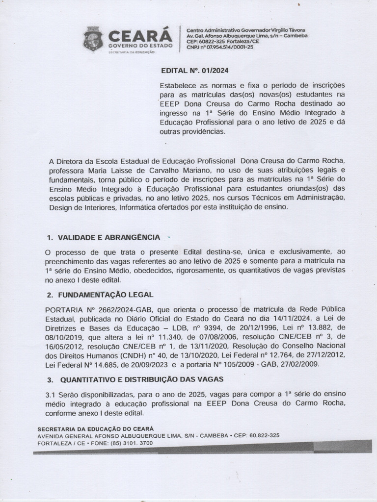 Edital MATRICULA EEEP 2025 Dona Creusa Do Carmo Rocha | PDF