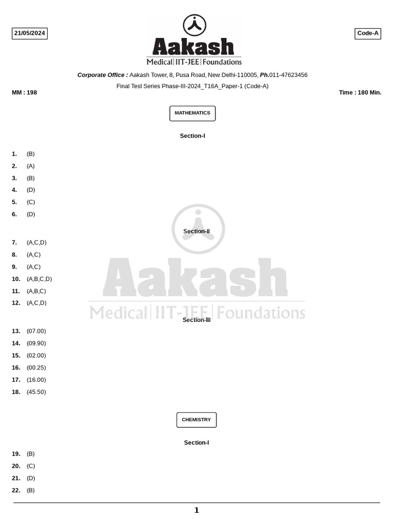 FTS Phase III 2024 Test 16A Paper 1 Code A Sol 21-05-2024 | PDF ...