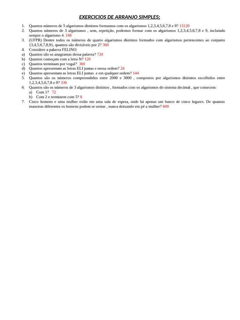 Exercícios de Arranjo Simples Resolvidos | PDF