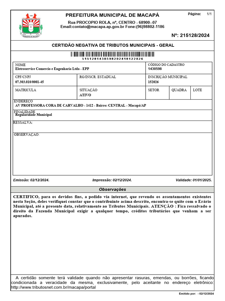 Certidão Negativa de Tributos Municipais | PDF