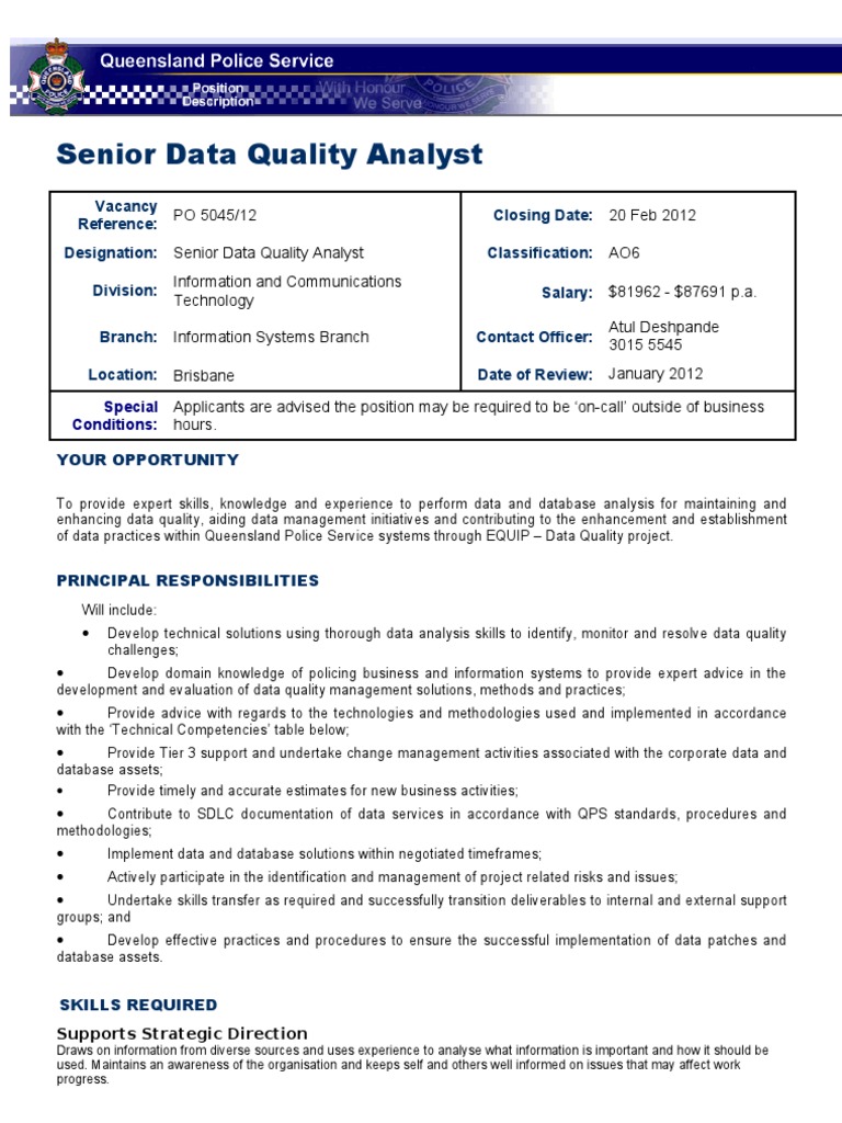 Senior Data Quality Analyst Position | PDF | Data Quality | Microsoft ...