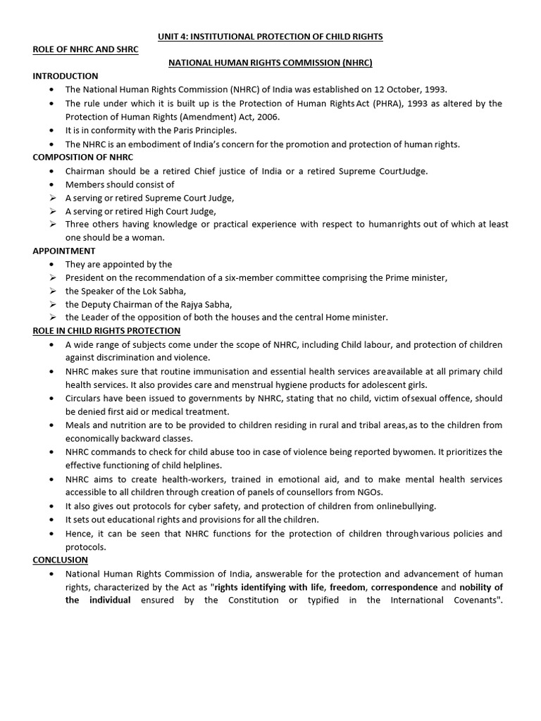 Child Rights Protection in India: NHRC & SHRC | PDF | Children's Rights ...