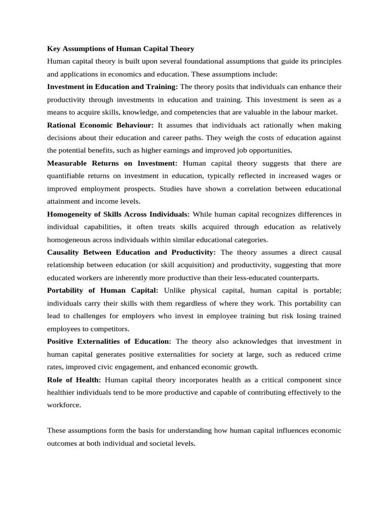 Key Assumptions of Human Capital Theory | PDF