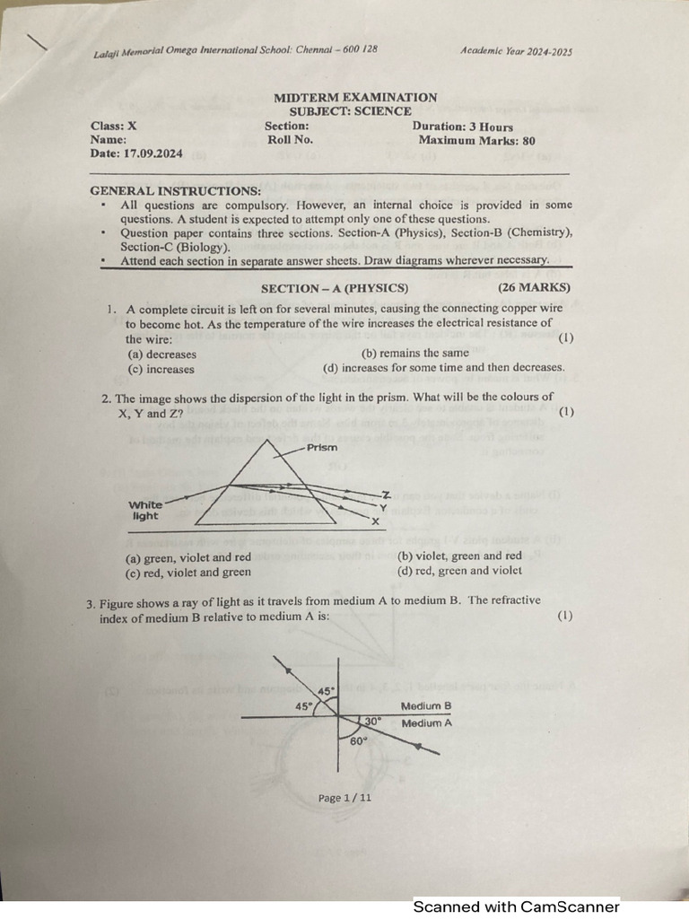Mid Term Science Question Paper PDF