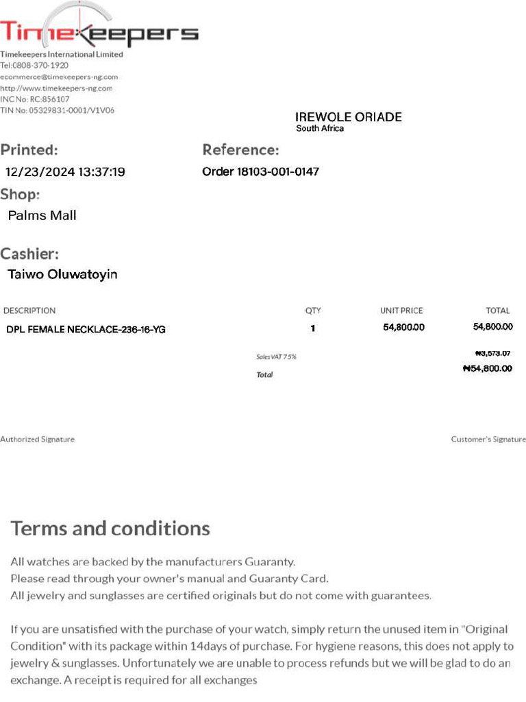 Receipt-Order 18103-001-0147 | PDF