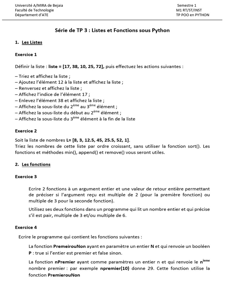 TP Python : Listes et Fonctions | PDF