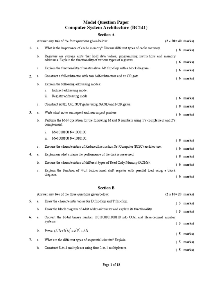 Model Question Paper Computer System Architecture (BC141) : (2 1. (8 ...