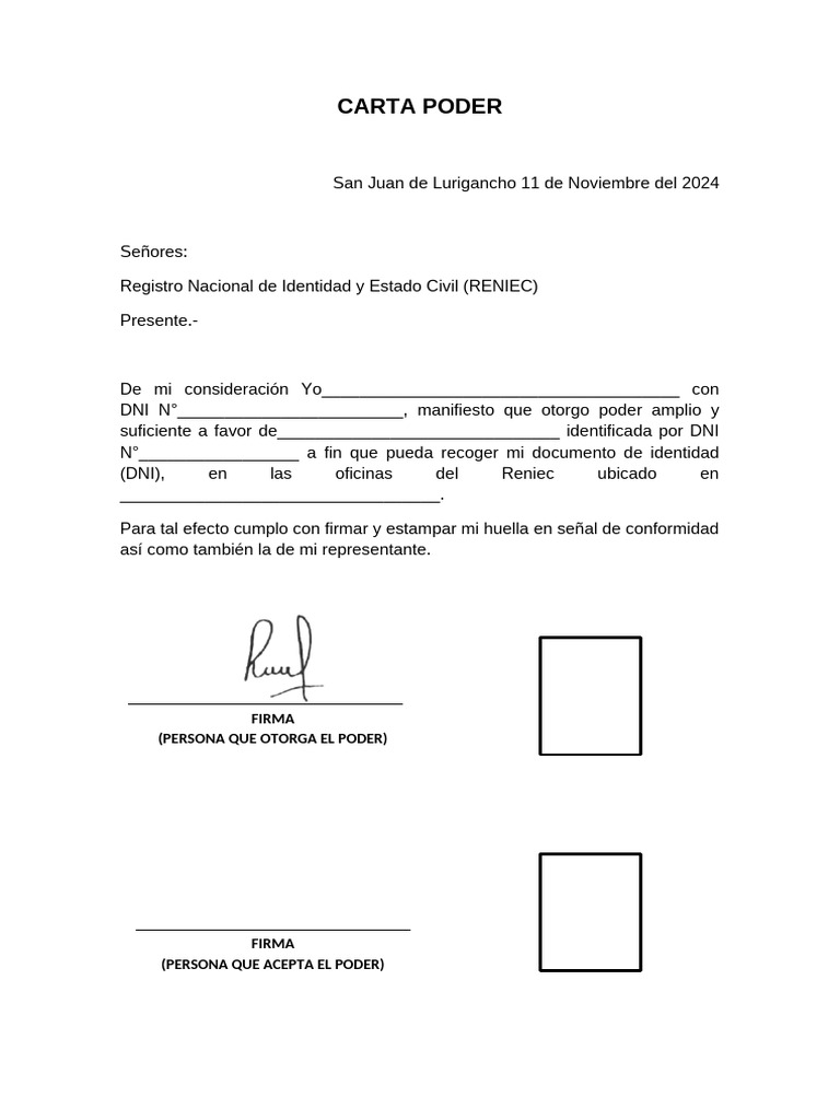 Carta Poder para Recoger DNI RENIEC | PDF