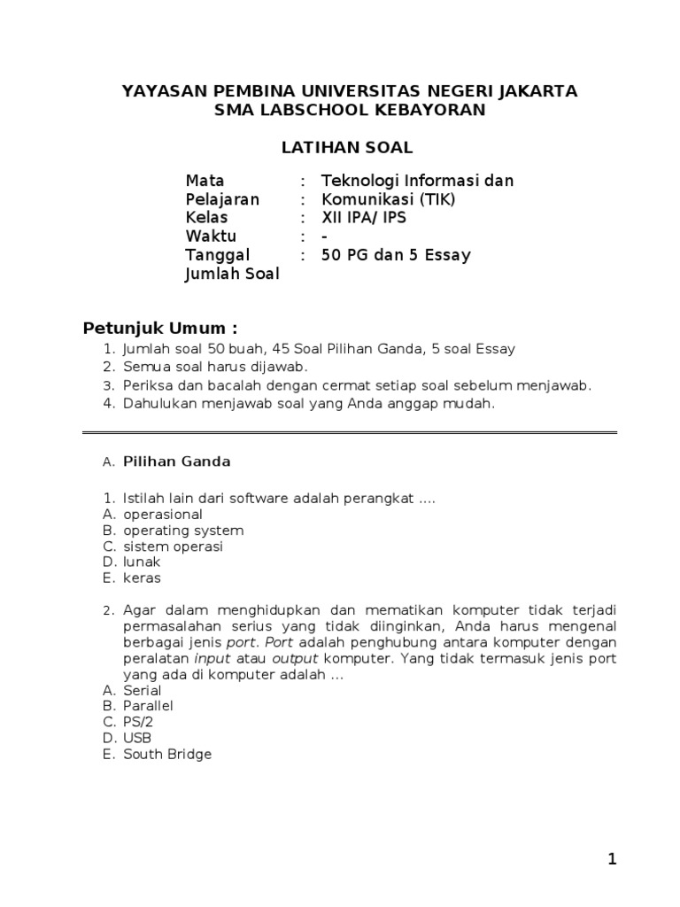 Latihan Soal Ujian Sekolah Tik Smp 2015