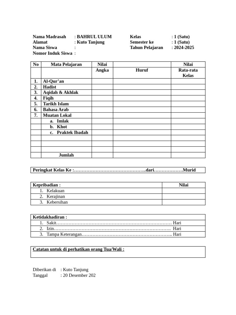 Rapor Madrasah | PDF