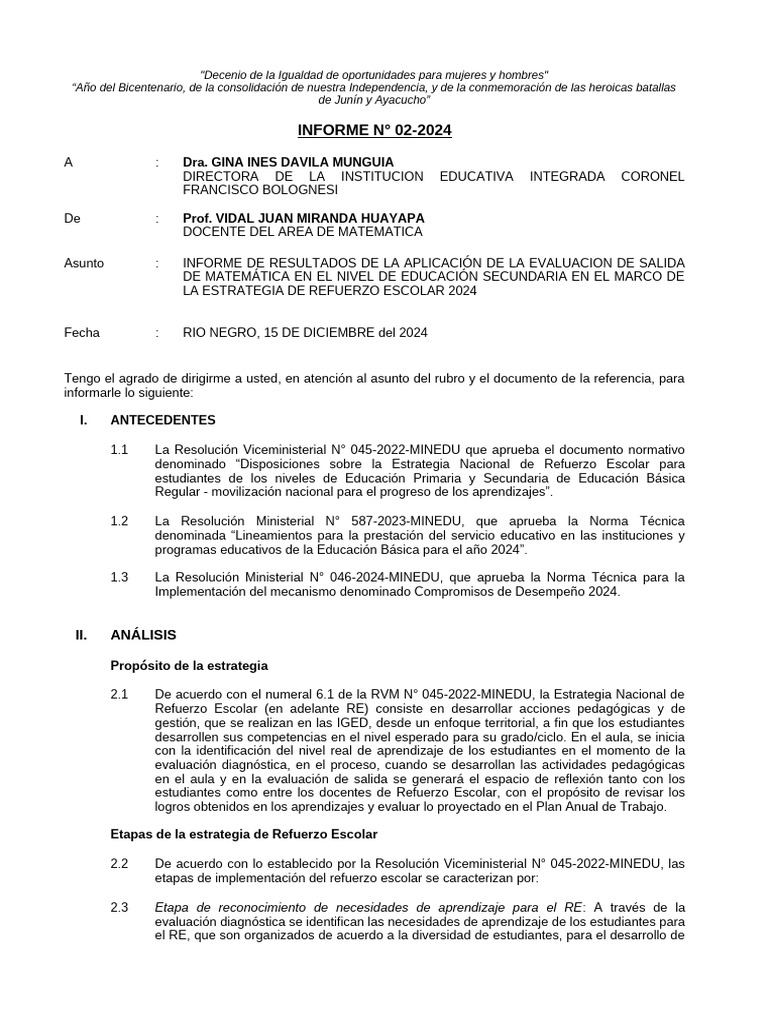 Informe Final de Matematica | PDF | Números | Evaluación