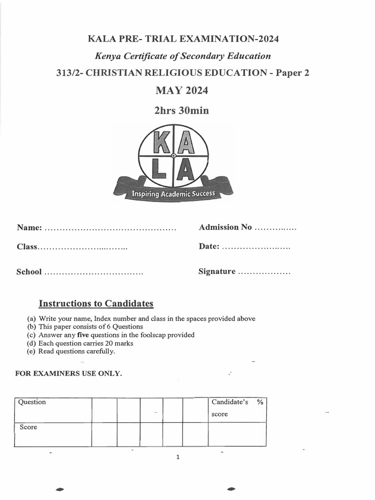 KCSE CRE Paper 2 Pre-Trial Exam 2024 | PDF | Jesus | Systematic Theology