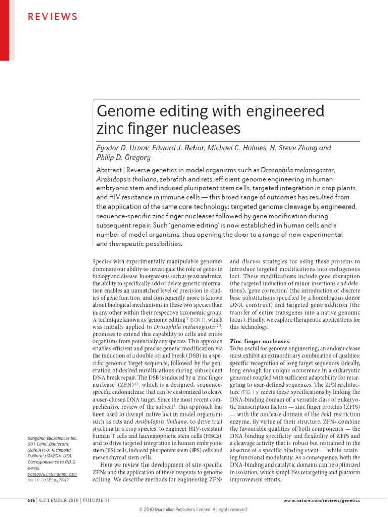 Genome Editing With Engineered Zinc Finger Nucleases | PDF | Gene ...