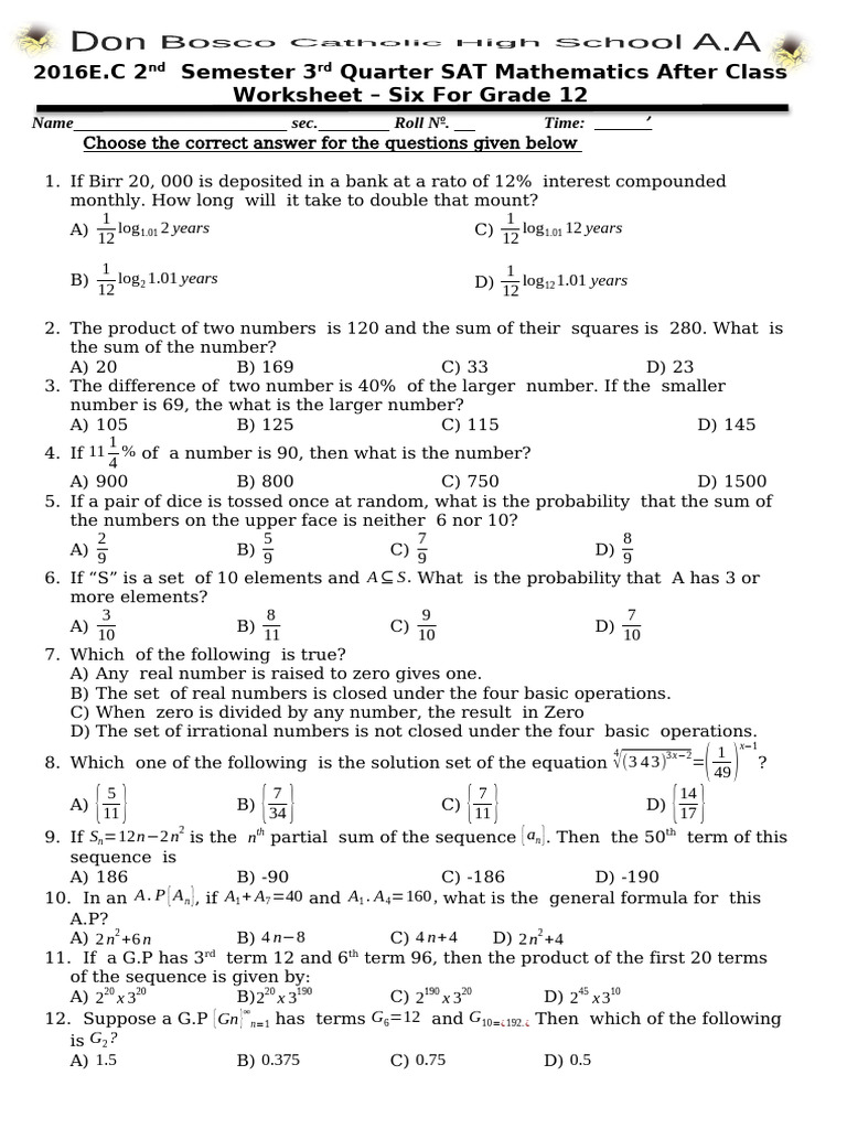 Grade 12 SAT Math Worksheet 2016 | PDF | Arithmetic | Numbers