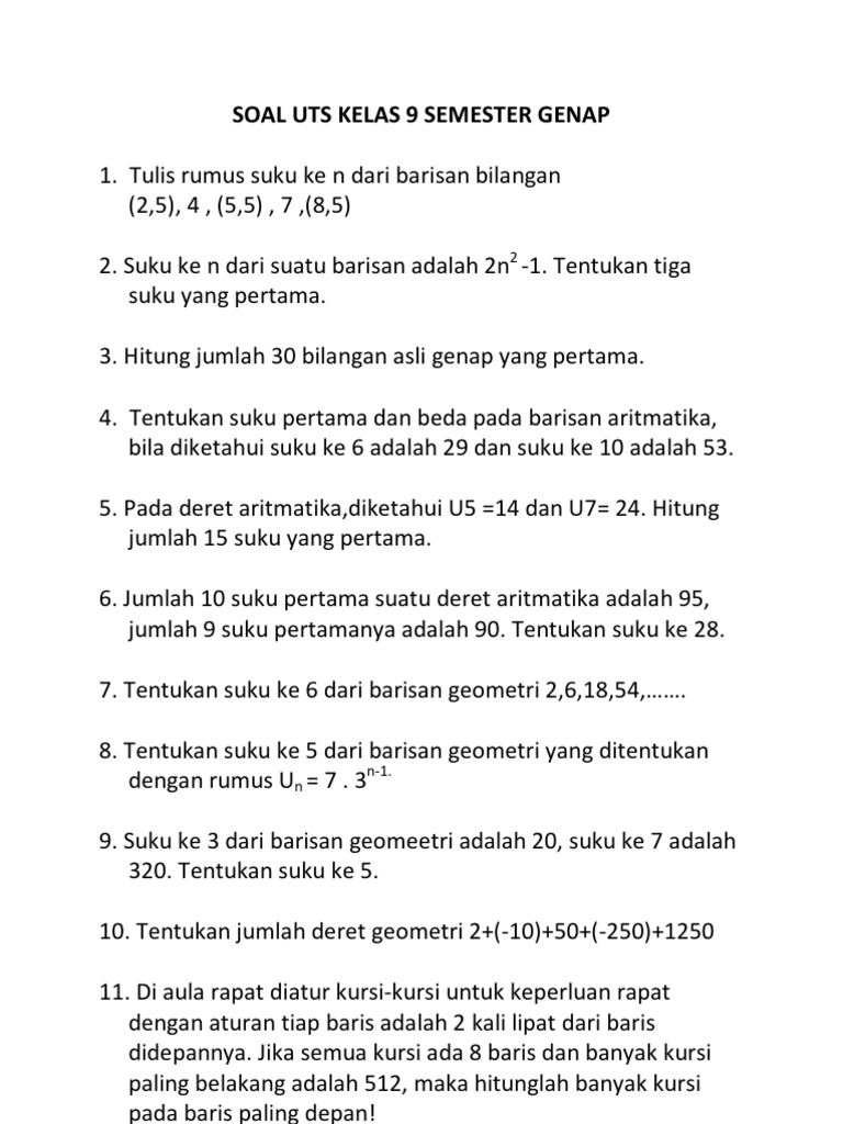 Soal Uts Kelas 9 Semester Genap 1 Tulis Rumus Suku Ke N Dari Barisan Bilangan