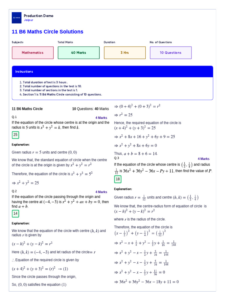 11 B6 Maths Circle Solutions Exam | PDF | Circle | Area